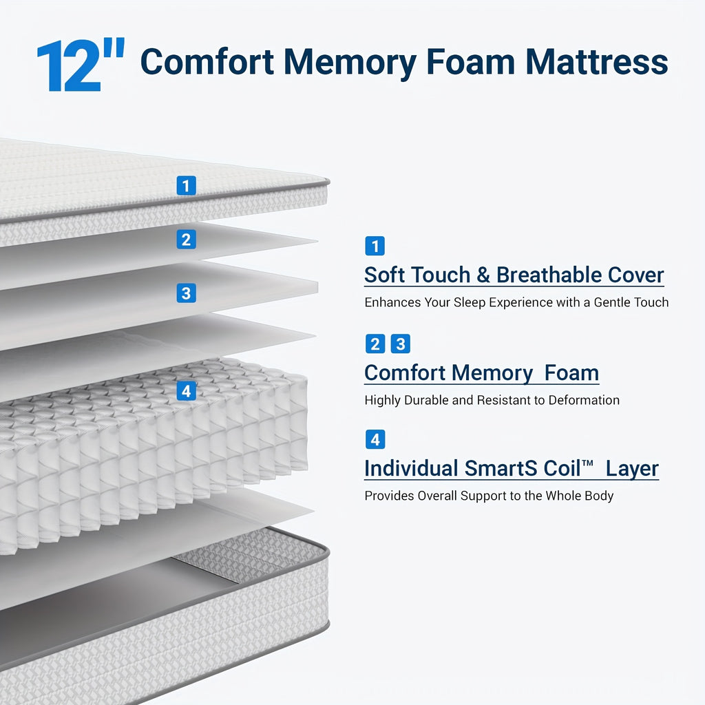 Avenco Memory Foam Hybrid Mattress in Sizes 6, 8, 10, 12, And 14 Inches, Featuring a Pillowtop for Enhanced for Deep Sleep, Medium Firmness, Motion Isolation, And a Breathable Cover