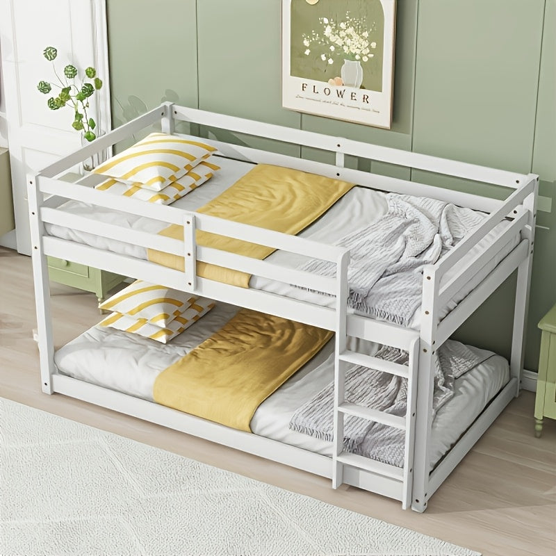 BELLEMAVE Twin Over Twin Low-Profile Bunk Bed Frame With Side Ladder & Full Safety Guardrails, Noise-Reduced Heavy-Duty Bunk Bed, No Box Spring Required, Modern Bedroom Furniture For Small Apartments, White