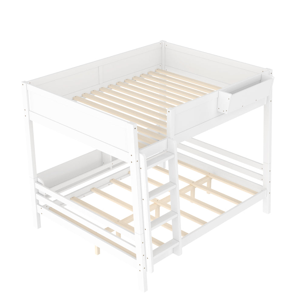 Wooden Bunk Bed Featuring a Storage Shelf And Bookshelf, Equipped with a Ladder And Safety Rails, Designed to Be Detachable, in White Color