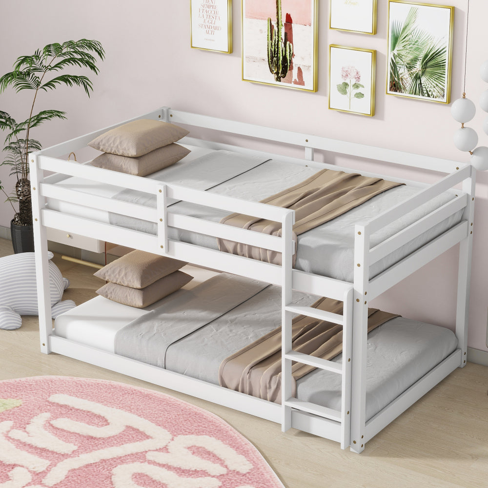 Twin over Twin Bunk Bed with Ladder - Solid Rubber Wood & Composite Wood, Rails, Sturdy 13-Slat Bed Frame, Space-Saving Floor Bed for,, Bedrooms - Easy Assembly, White