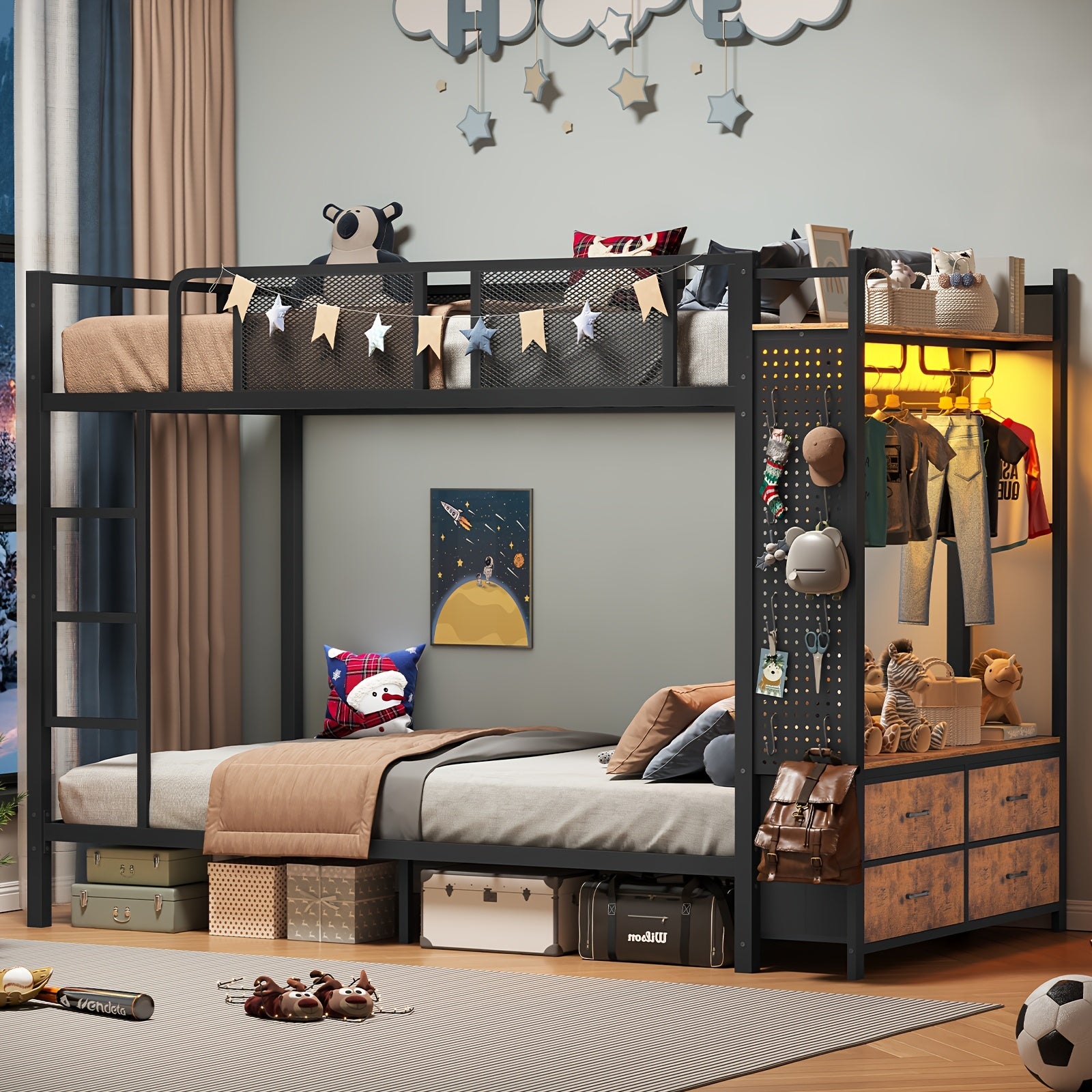 Twin Size Metal Bunk Bed Twin Over Twin With Hall Tree, Power Outlet, LED Bunk Bed With 4 Storage Drawers, Bed With Safety Guardrail & Ladders, No Box Spring Needed, Easy Assembly, Rustic Brown