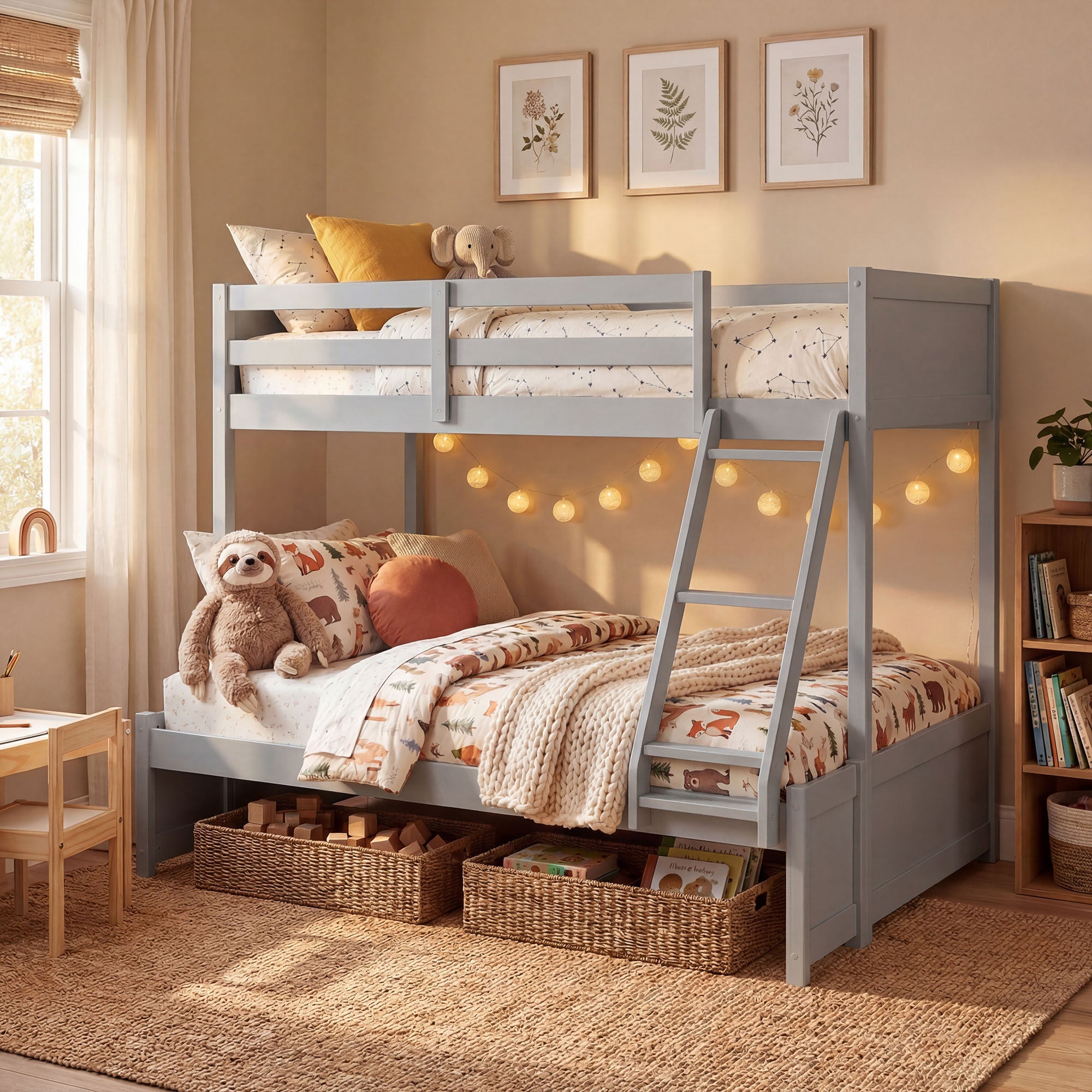 COSTWAY Twin Over Full Bunk Bed with 3-Step Ladder, Solid Wood Bunk Bed with Full-Length Guardrails and 21 Support Slats, Bed Frame with Pine Wood Posts for Teens, Kids, Adults, Dormitory and Apartment