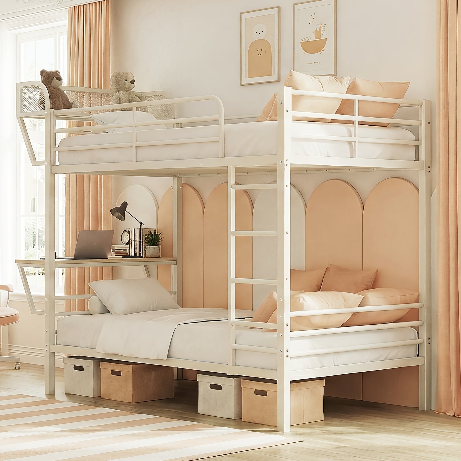 Twin Over Twin Metal Bunk Bed with Power Outlets And Desk, Heavy-Duty Bunk Bed Frame with Safety Guardrail And Ladders, Upper Storage Rack, No Box Spring Needed, Without Mattress for Junior Bedroom, Dorm