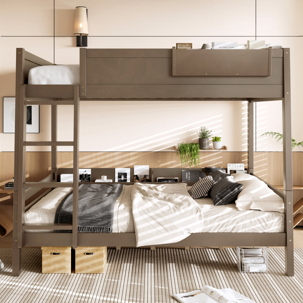 Wooden Bunk Bed Featuring a Storage Shelf And Bookshelf, Equipped with a Ladder And Safety Rails, Designed to Be Detachable, in White Color