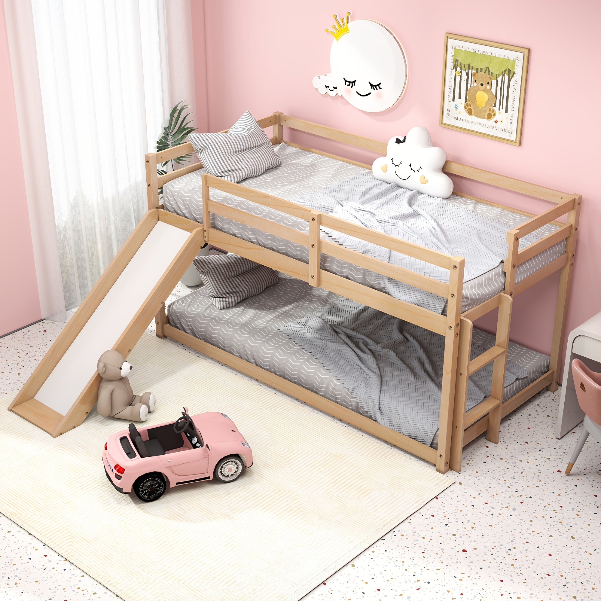 Low Bunk Bed with Slide, Floor Loft Bed with Climbing Ladder, Wood Twin Bunk Bed Frame with Full Guardrails & Storage Space for Youngsters Youngsters