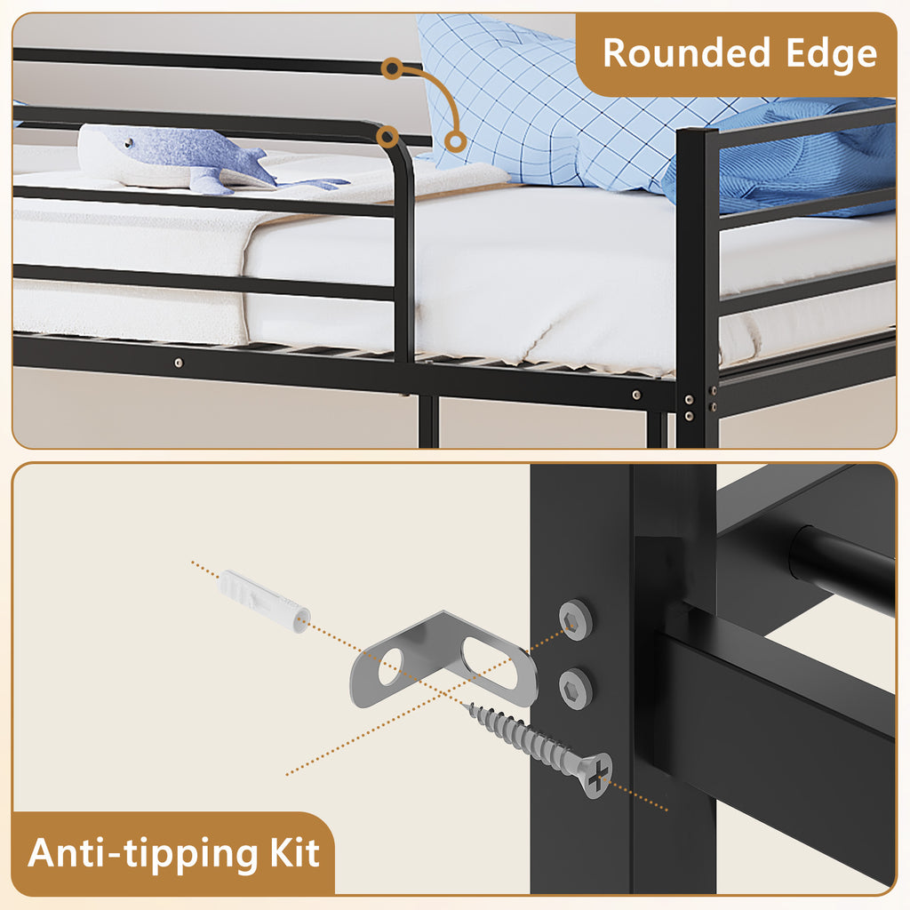 Bunk Bed, Heavy-duty Iron Material, Bunk Bed Frame, Bunk Beds Twin Over Twin for Kids, Space Saving for Small Room&Low Ceiling
