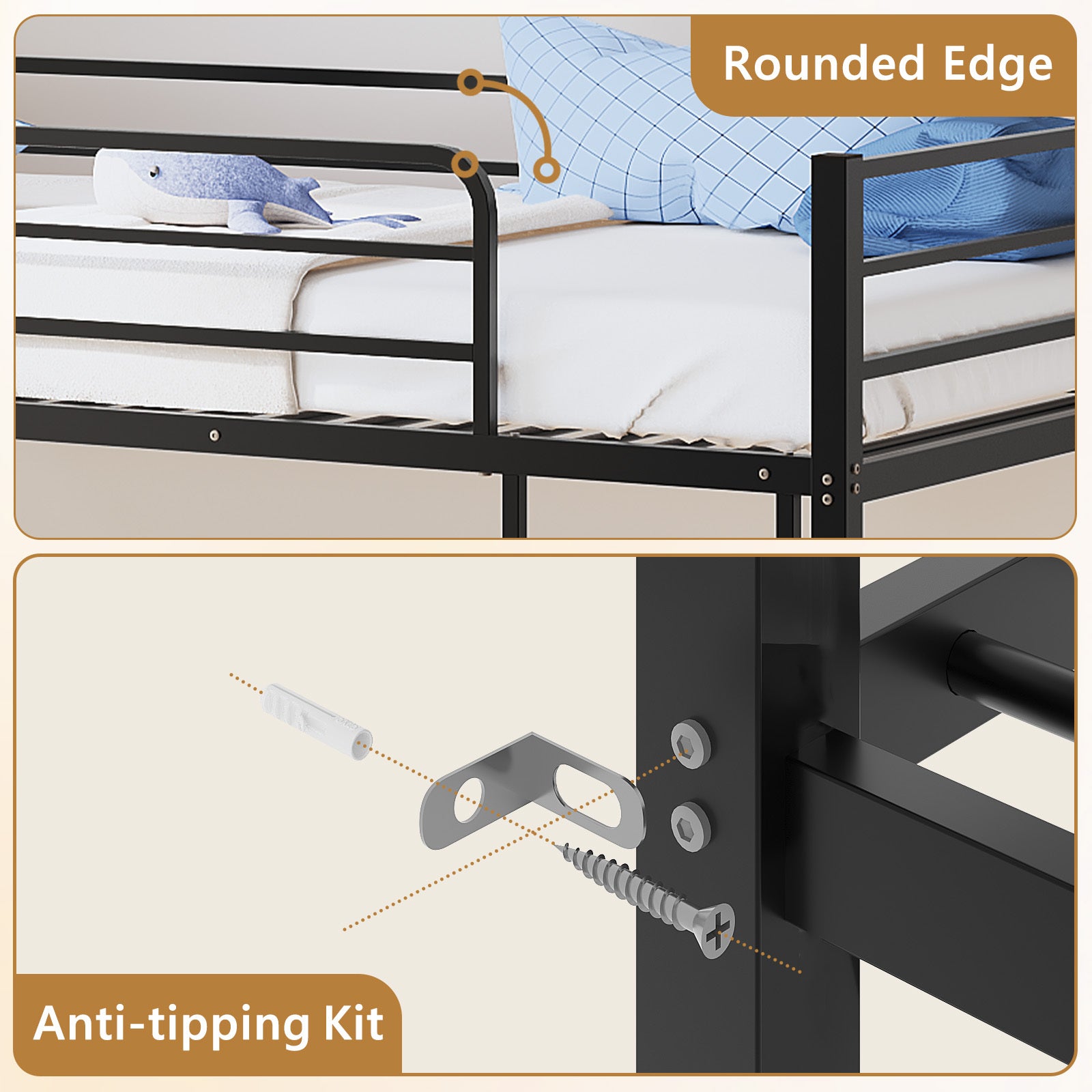 Bunk Bed, Heavy-duty Iron Material, Bunk Bed Frame, Bunk Beds Twin Over Twin for Kids, Space Saving for Small Room&Low Ceiling