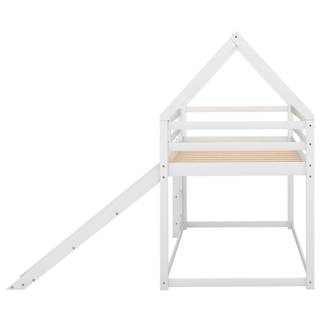 14 Wooden Planks Support The Upper Bed Board, Which Can Bear A Weight Of 250 Pounds. It Is A White Double-decker Slide-style Dormitory Bed, Equipped With A Slide And A Ladder