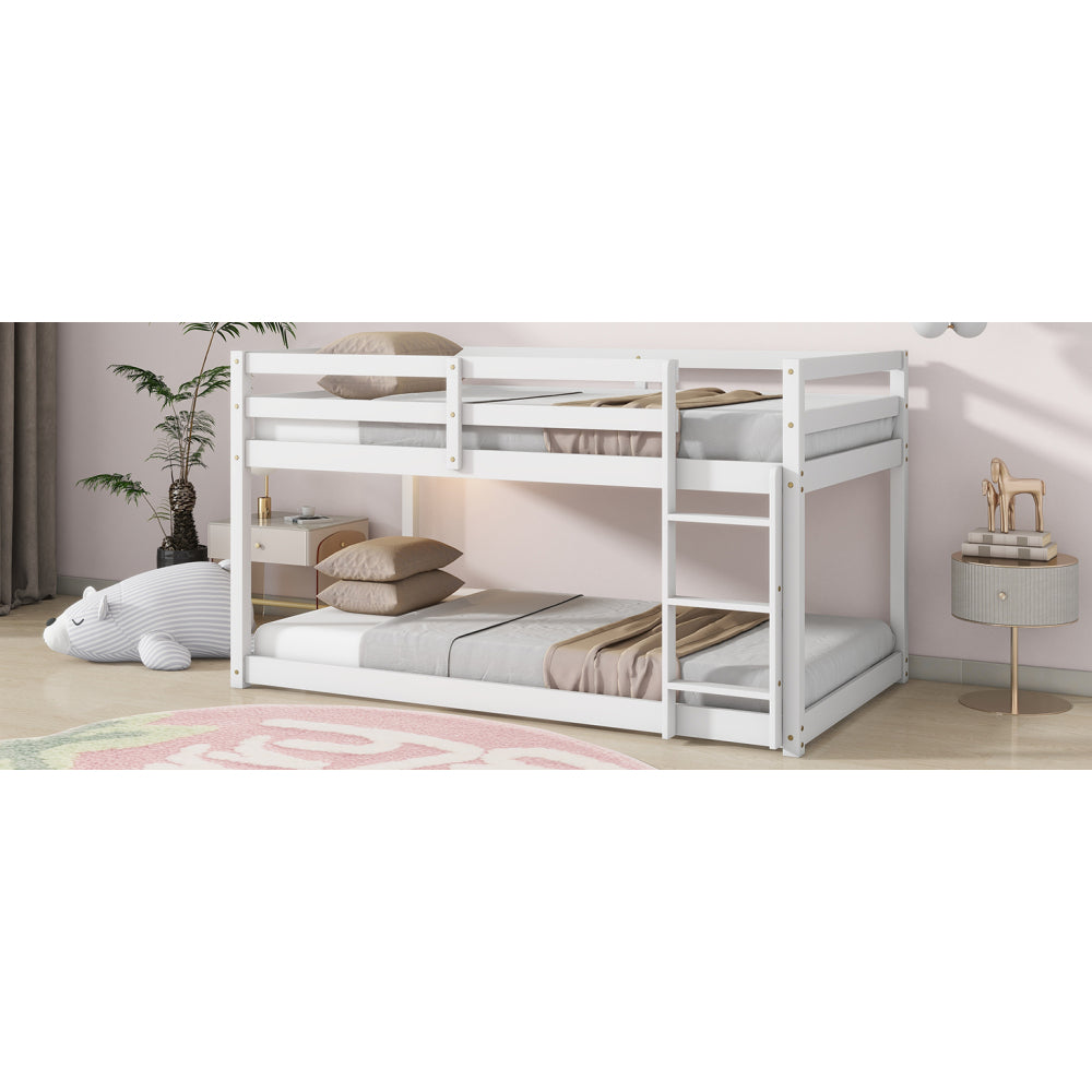 Twin over Twin Bunk Bed with Ladder - Solid Rubber Wood & Composite Wood, Rails, Sturdy 13-Slat Bed Frame, Space-Saving Floor Bed for,, Bedrooms - Easy Assembly, White