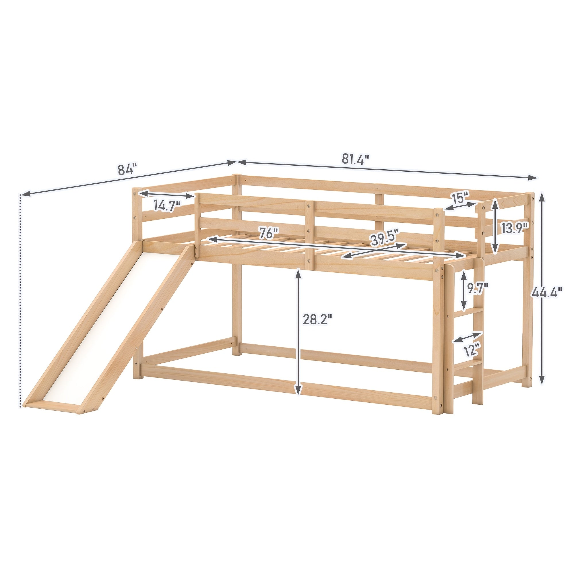 Low Bunk Bed with Slide, Floor Loft Bed with Climbing Ladder, Wood Twin Bunk Bed Frame with Full Guardrails & Storage Space for Youngsters Youngsters