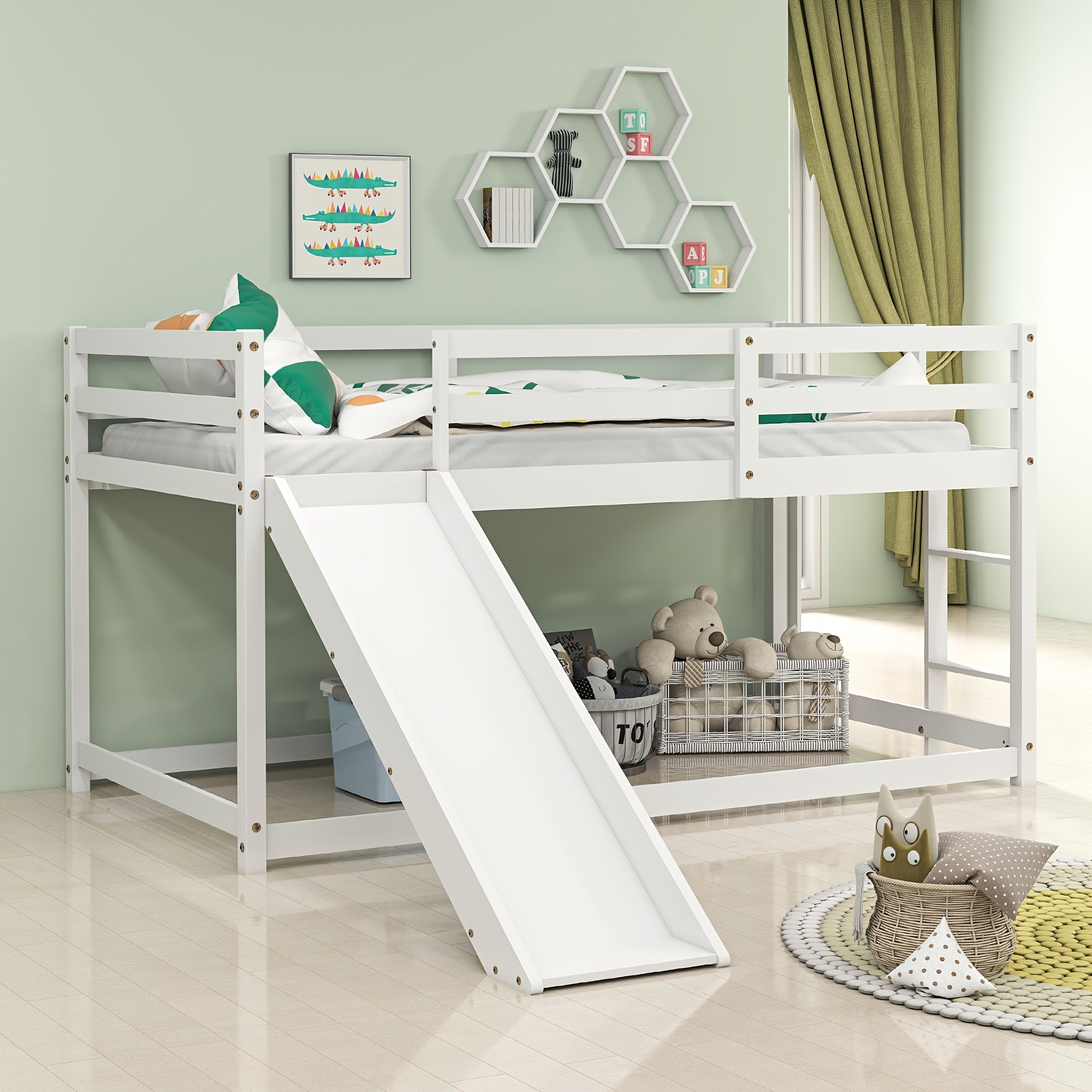 Low Bunk Bed with Slide, Floor Loft Bed with Climbing Ladder, Wood Twin Bunk Bed Frame with Full Guardrails & Storage Space for Youngsters Youngsters