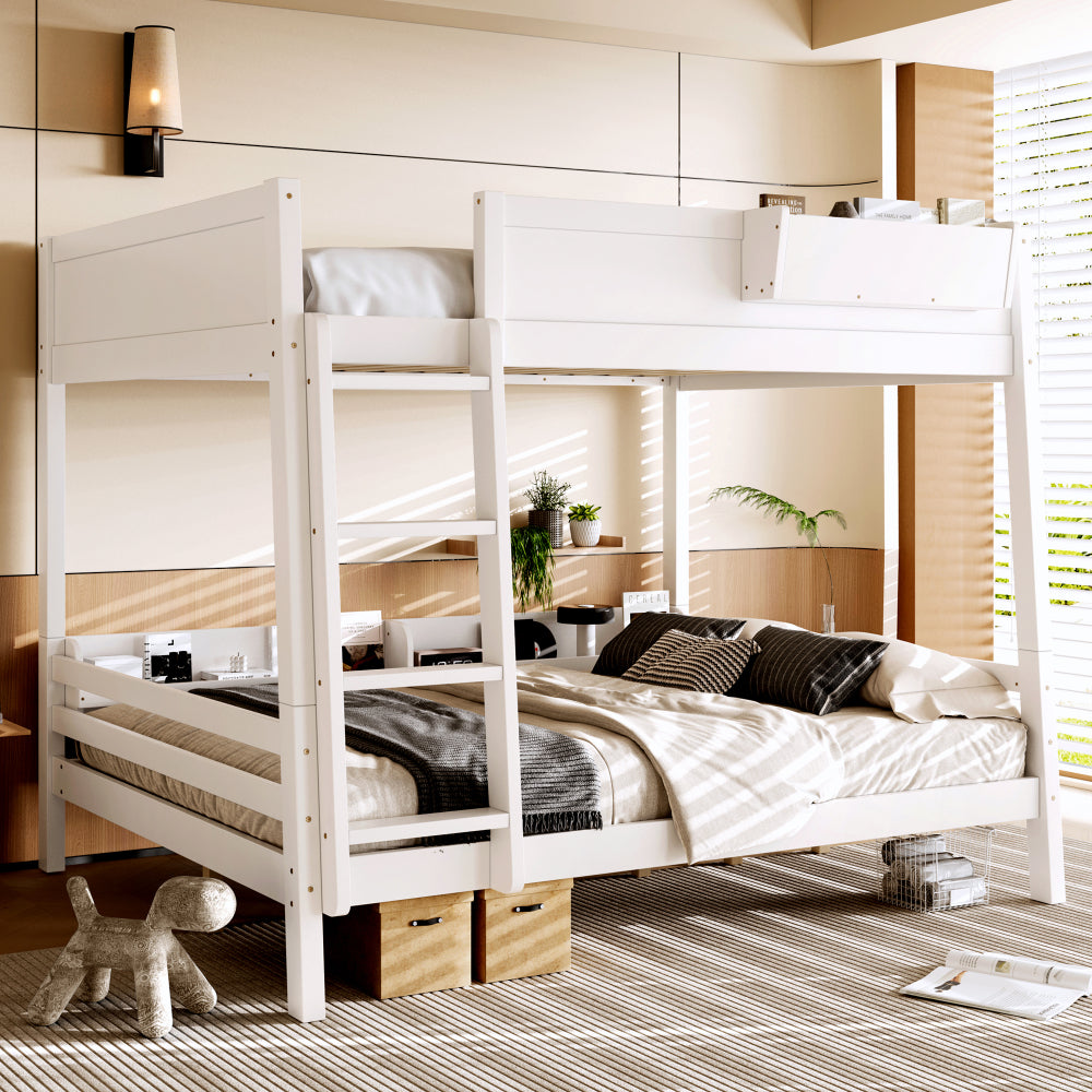 Wooden Bunk Bed Featuring a Storage Shelf And Bookshelf, Equipped with a Ladder And Safety Rails, Designed to Be Detachable, in White Color
