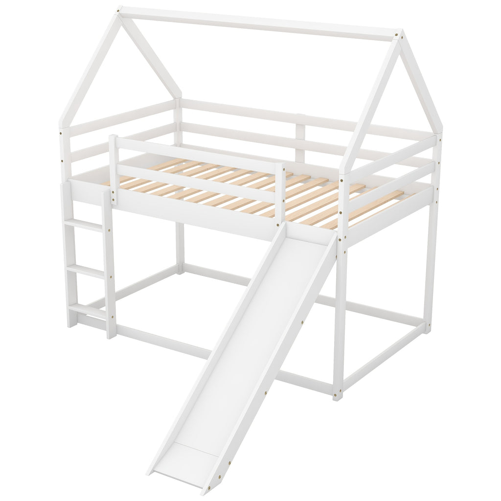 14 Wooden Planks Support The Upper Bed Board, Which Can Bear A Weight Of 250 Pounds. It Is A White Double-decker Slide-style Dormitory Bed, Equipped With A Slide And A Ladder