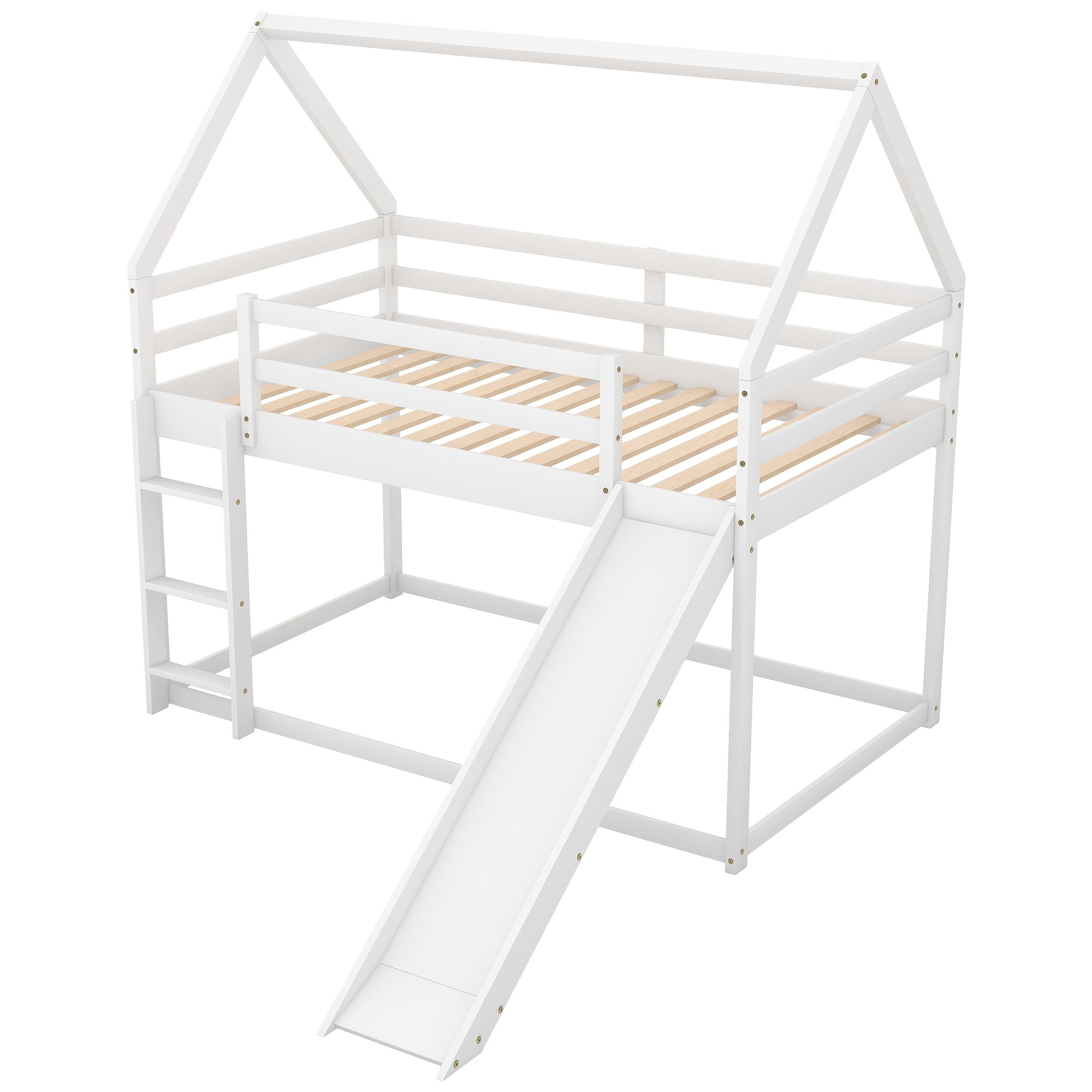 14 Wooden Planks Support The Upper Bed Board, Which Can Bear A Weight Of 250 Pounds. It Is A White Double-decker Slide-style Dormitory Bed, Equipped With A Slide And A Ladder