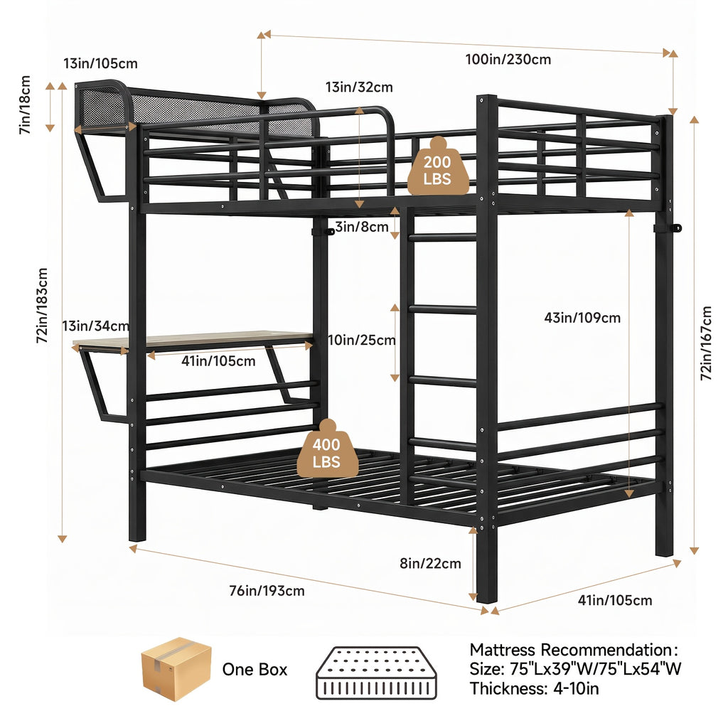 Twin Over Twin Metal Bunk Bed with Power Outlets And Desk, Heavy-Duty Bunk Bed Frame with Safety Guardrail And Ladders, Upper Storage Rack, No Box Spring Needed, Without Mattress for Junior Bedroom, Dorm