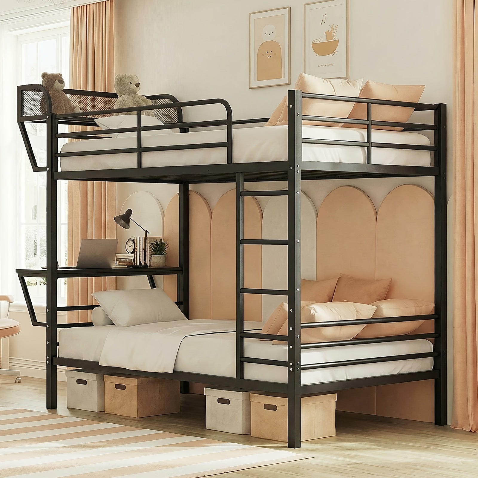 Twin Over Twin Metal Bunk Bed with Power Outlets And Desk, Heavy-Duty Bunk Bed Frame with Safety Guardrail And Ladders, Upper Storage Rack, No Box Spring Needed, Without Mattress for Junior Bedroom, Dorm