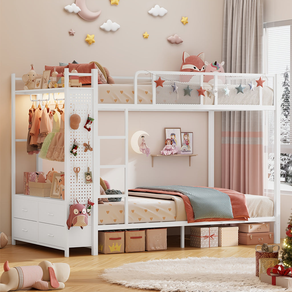 Twin Size Metal Bunk Bed Twin Over Twin With Hall Tree, Power Outlet, LED Bunk Bed With 4 Storage Drawers, Bed With Safety Guardrail & Ladders, No Box Spring Needed, Easy Assembly, Rustic Brown