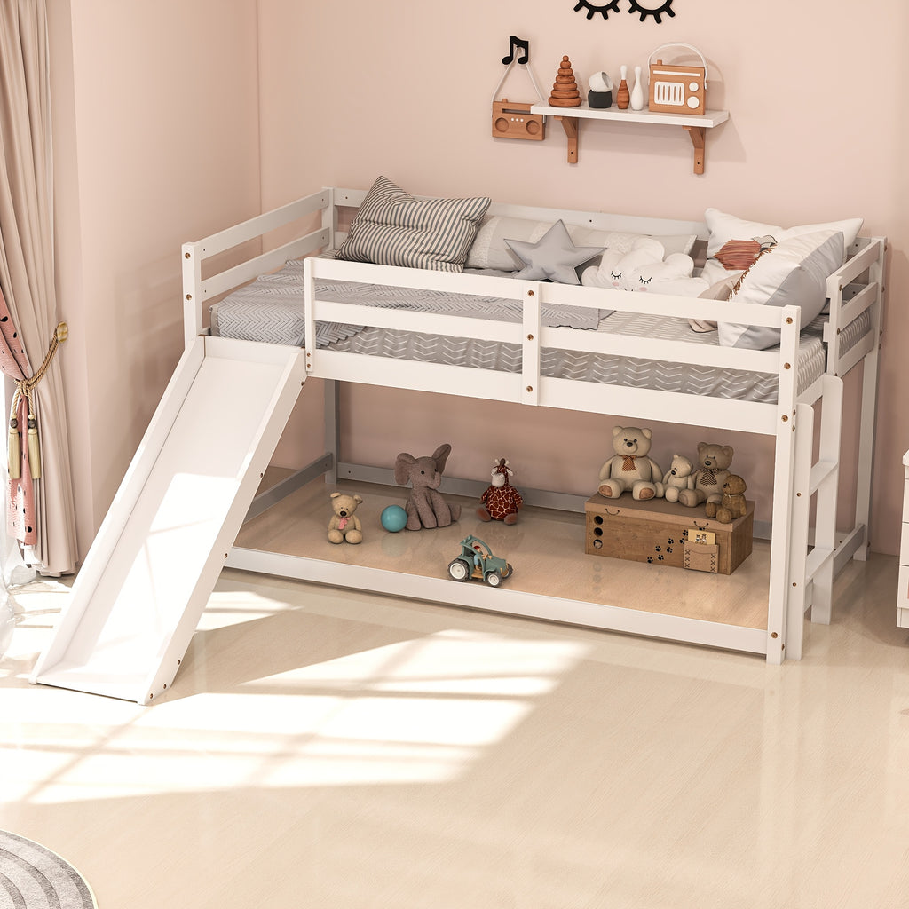 Low Bunk Bed with Slide, Floor Loft Bed with Climbing Ladder, Wood Twin Bunk Bed Frame with Full Guardrails & Storage Space for Youngsters Youngsters