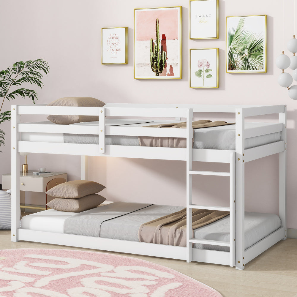 Twin over Twin Bunk Bed with Ladder - Solid Rubber Wood & Composite Wood, Rails, Sturdy 13-Slat Bed Frame, Space-Saving Floor Bed for,, Bedrooms - Easy Assembly, White