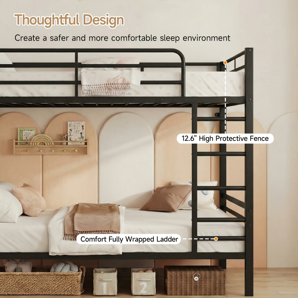 Twin Over Twin Metal Bunk Bed with Power Outlets And Desk, Heavy-Duty Bunk Bed Frame with Safety Guardrail And Ladders, Upper Storage Rack, No Box Spring Needed, Without Mattress for Junior Bedroom, Dorm
