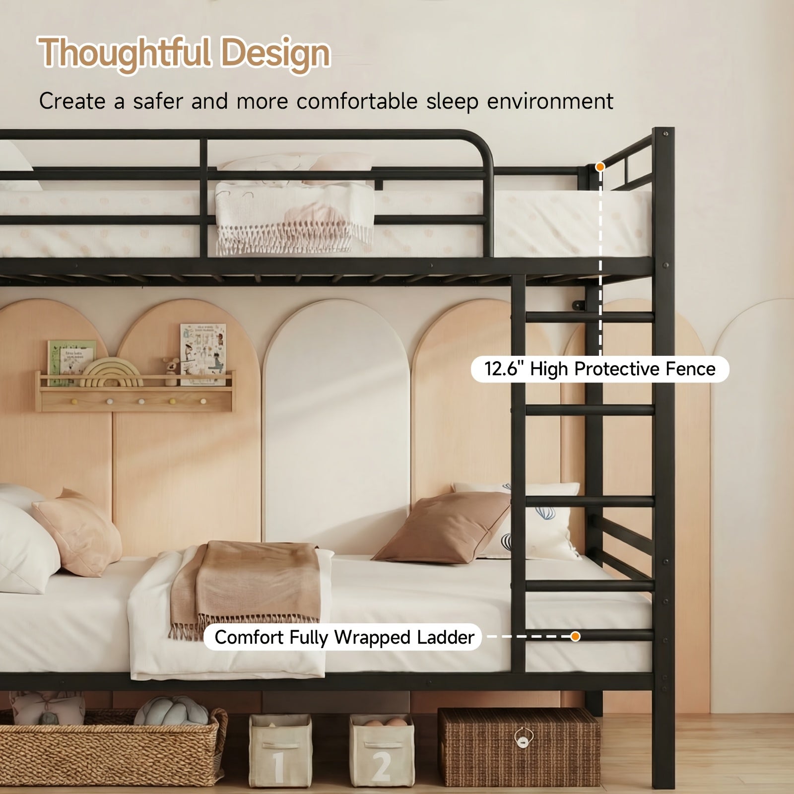 Twin Over Twin Metal Bunk Bed with Power Outlets And Desk, Heavy-Duty Bunk Bed Frame with Safety Guardrail And Ladders, Upper Storage Rack, No Box Spring Needed, Without Mattress for Junior Bedroom, Dorm