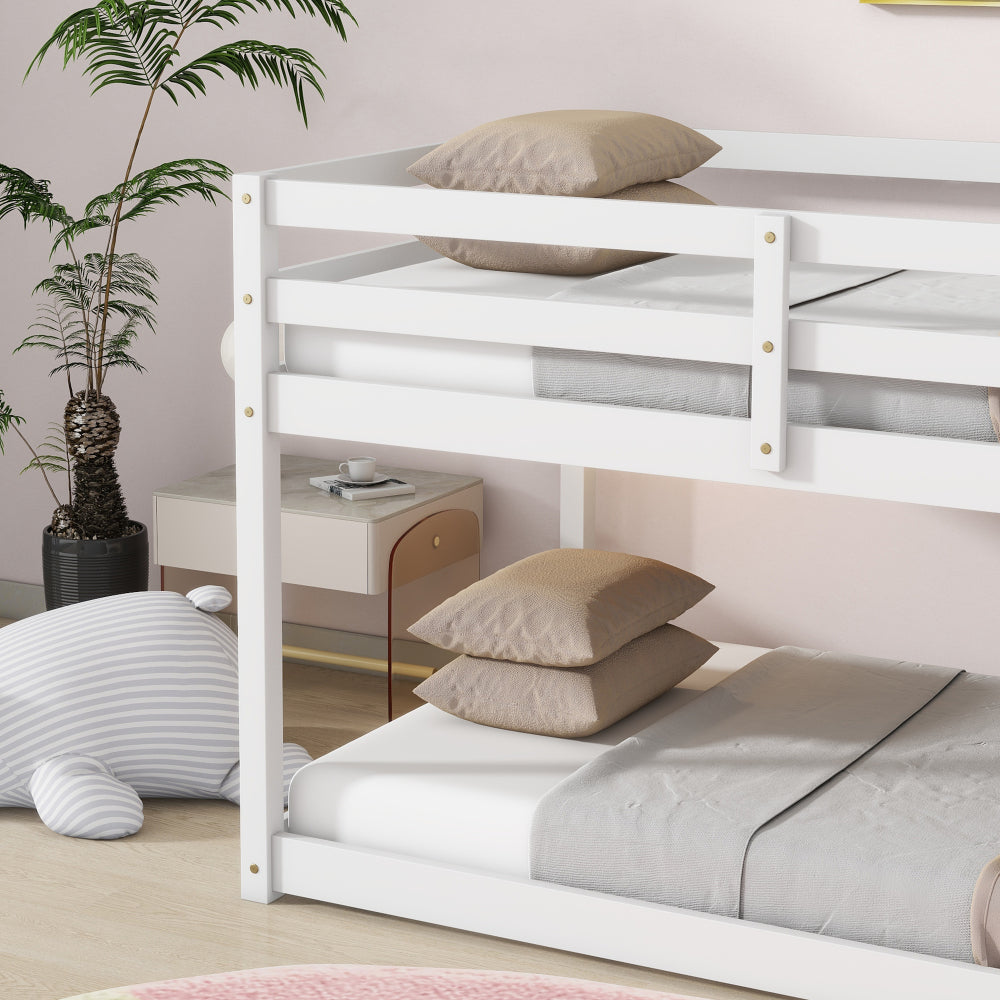 Twin over Twin Bunk Bed with Ladder - Solid Rubber Wood & Composite Wood, Rails, Sturdy 13-Slat Bed Frame, Space-Saving Floor Bed for,, Bedrooms - Easy Assembly, White