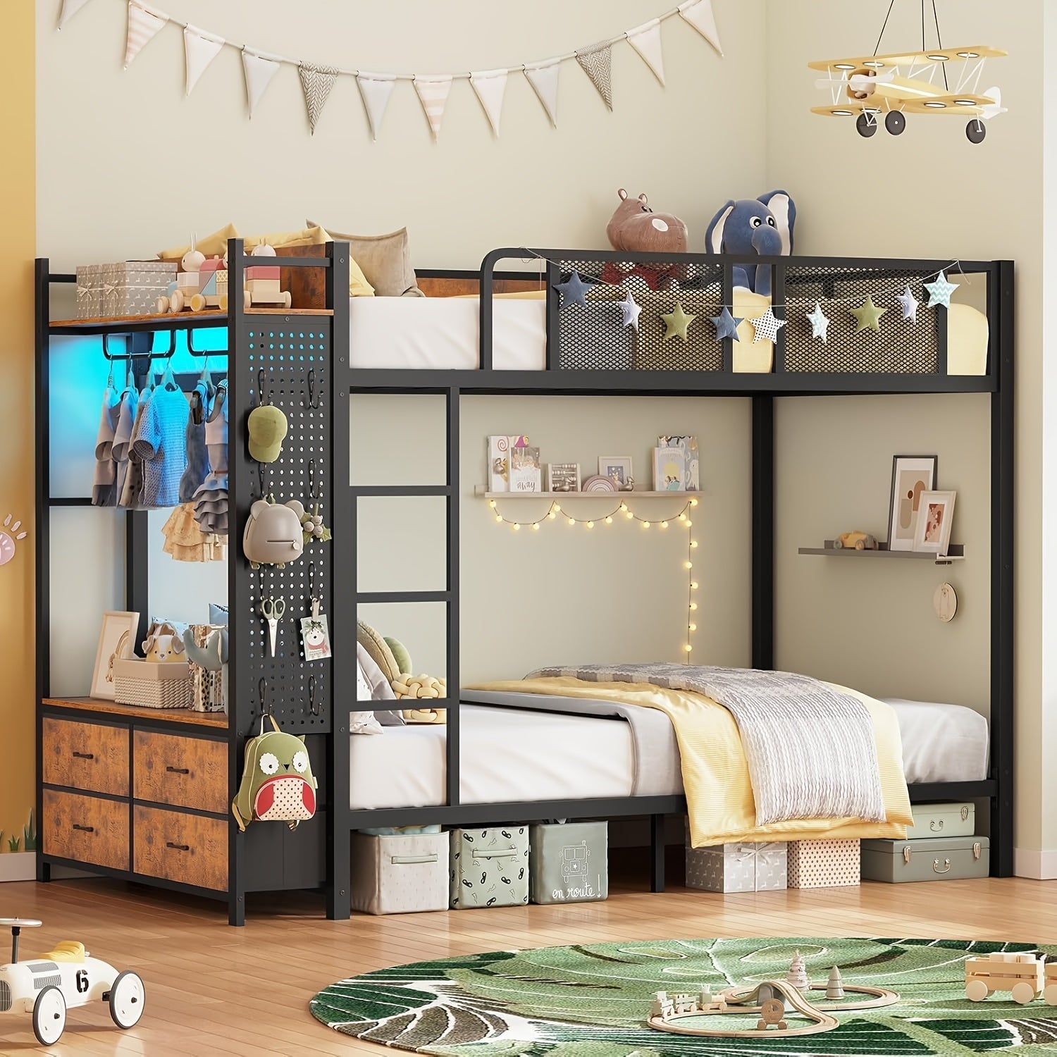 Twin Size Metal Bunk Bed Twin Over Twin With Hall Tree, Power Outlet, LED Bunk Bed With 4 Storage Drawers, Bed With Safety Guardrail & Ladders, No Box Spring Needed, Easy Assembly, Rustic Brown
