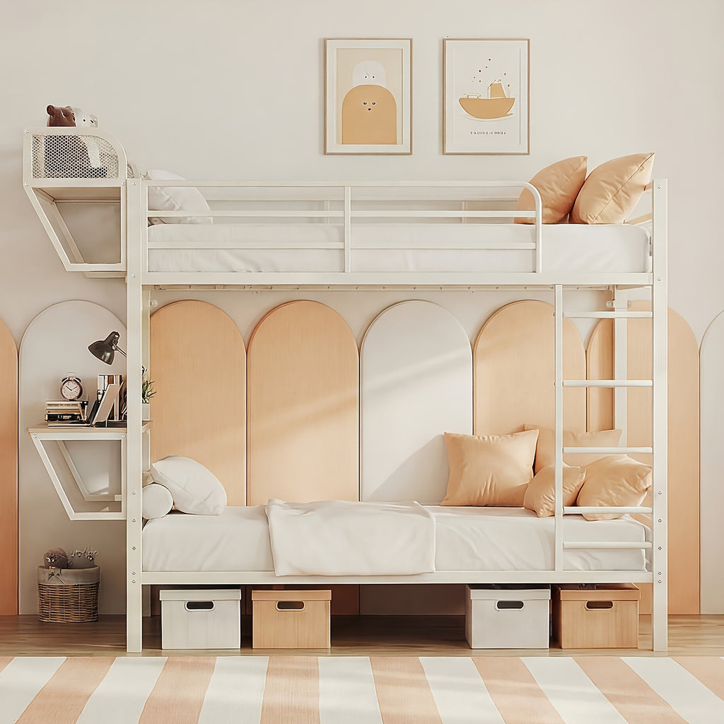 Twin Over Twin Metal Bunk Bed with Charging Station & Desk, Heavy Duty 2-Tier Bed Frame with Safety Guardrail, Stairs & Upper Storage Shelf, Without Mattress, Easy Assembly for Juniors Bedroom, Dorm