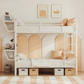 Twin Over Twin Metal Bunk Bed with Charging Station & Desk, Heavy Duty 2-Tier Bed Frame with Safety Guardrail, Stairs & Upper Storage Shelf, Without Mattress, Easy Assembly for Juniors Bedroom, Dorm