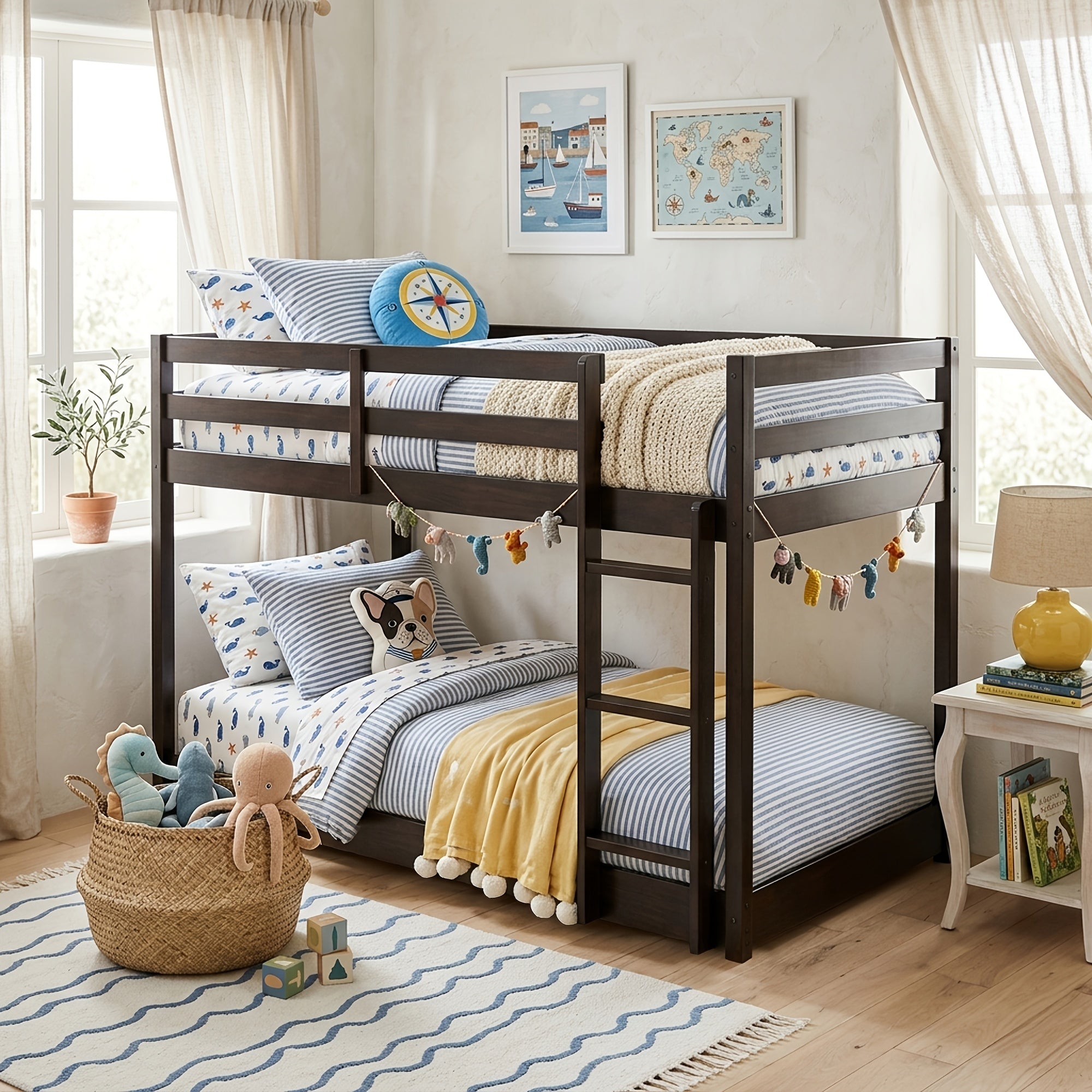 Twin Low Bunk Bed, Solid Rubber Wood Twin Over Twin Bunk Bed Frame with Full Guardrails And Integrated Ladder, Upper And Bottom Bed, No Box Spring Needed