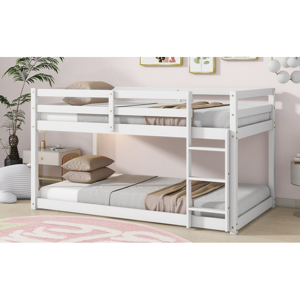 Twin over Twin Bunk Bed with Ladder - Solid Rubber Wood & Composite Wood, Rails, Sturdy 13-Slat Bed Frame, Space-Saving Floor Bed for,, Bedrooms - Easy Assembly, White