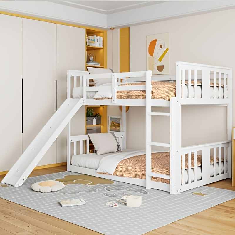 BELLEMAVE 2-in-1 Twin Floor Bunk Bed Frame With Fun Side Ladder, Heavy-Duty Low-Profile Bunk Bed With Full-Length Safety Guardrails, Noise-Reduced Design, No Box Spring Required, Modern Bedroom Furniture For Small Apartments, White