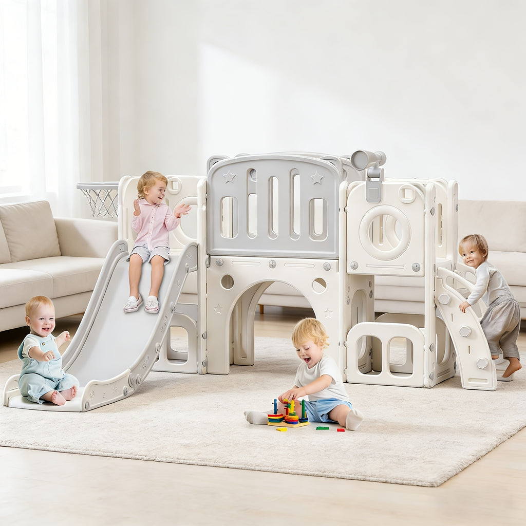 8in 1 Toddler Slide, Kids Climber Slide with Storage Space And Non-Slip Steps, Indoor Outdoor Playset with Basketball Hoopa And Telescope