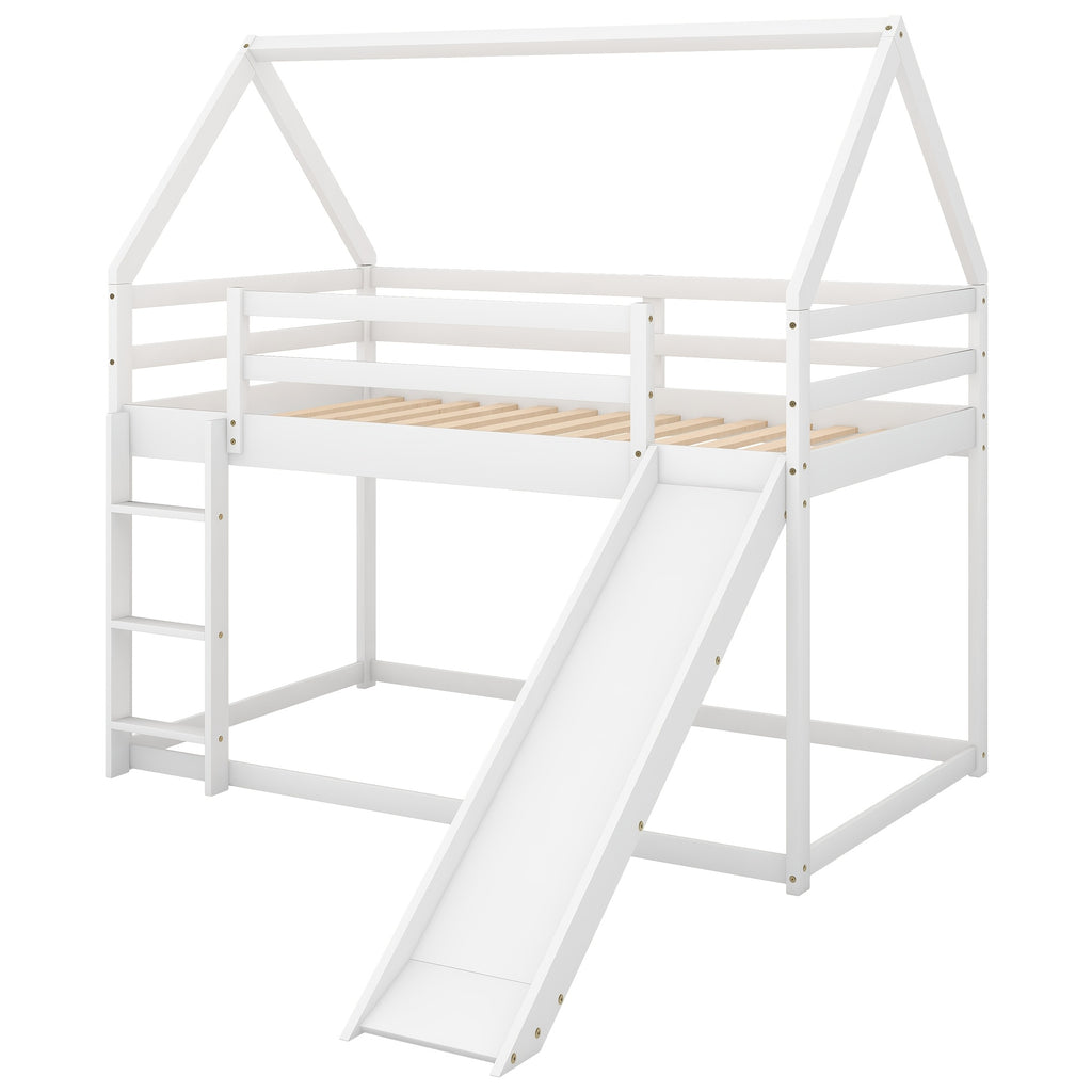 14 Wooden Planks Support The Upper Bed Board, Which Can Bear A Weight Of 250 Pounds. It Is A White Double-decker Slide-style Dormitory Bed, Equipped With A Slide And A Ladder