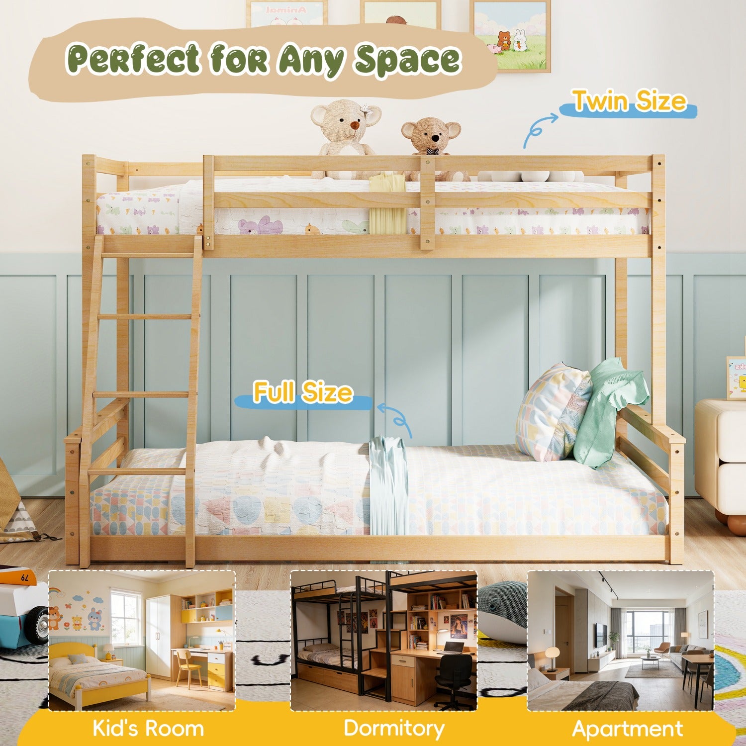 Low Bunk Bed Twin Over Full, Floor Bunk Bed with Ladder, Wooden Bunk Bed with Full Guardrails, Low Bunk Bed Bedroom