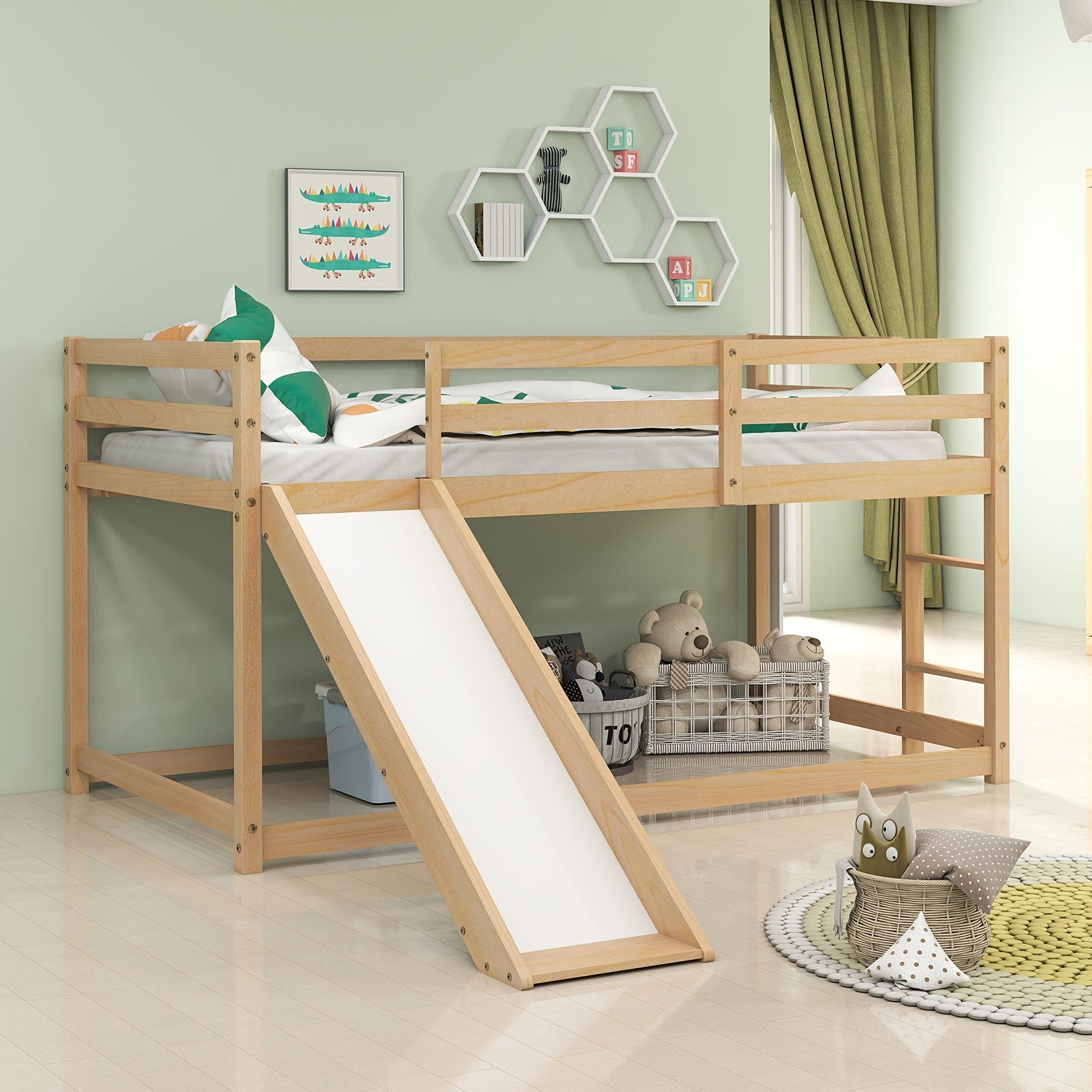 Low Bunk Bed with Slide, Floor Loft Bed with Climbing Ladder, Wood Twin Bunk Bed Frame with Full Guardrails & Storage Space for Youngsters Youngsters