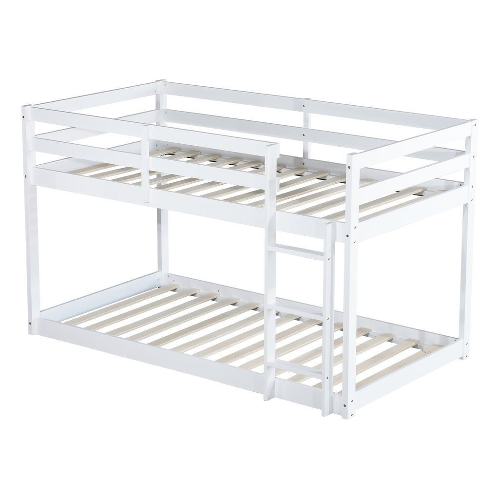 Twin Low Bunk Bed, Solid Rubber Wood Twin Over Twin Bunk Bed Frame with Full Guardrails And Integrated Ladder, Upper And Bottom Bed, No Box Spring Needed