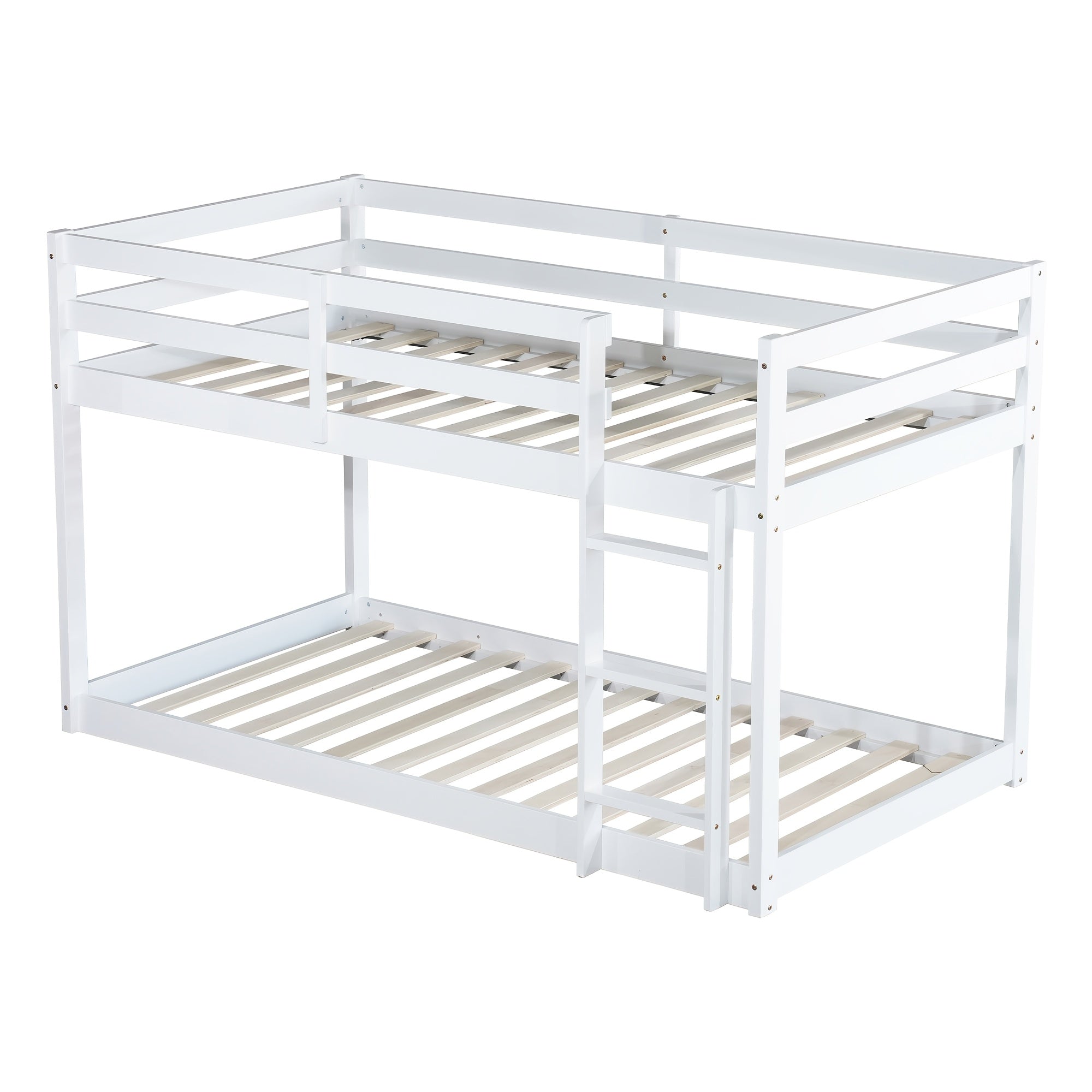 Twin Low Bunk Bed, Solid Rubber Wood Twin Over Twin Bunk Bed Frame with Full Guardrails And Integrated Ladder, Upper And Bottom Bed, No Box Spring Needed
