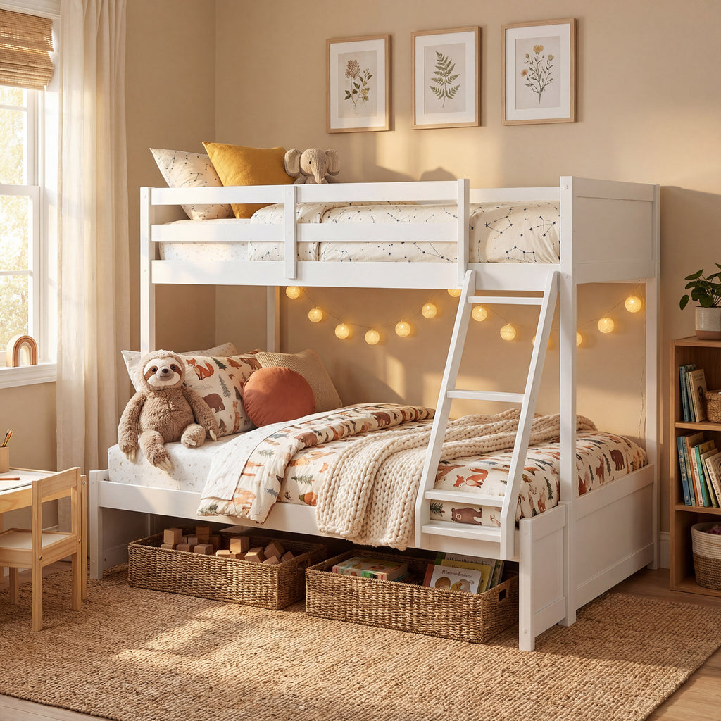 COSTWAY Twin Over Full Bunk Bed with 3-Step Ladder, Solid Wood Bunk Bed with Full-Length Guardrails and 21 Support Slats, Bed Frame with Pine Wood Posts for Teens, Kids, Adults, Dormitory and Apartment