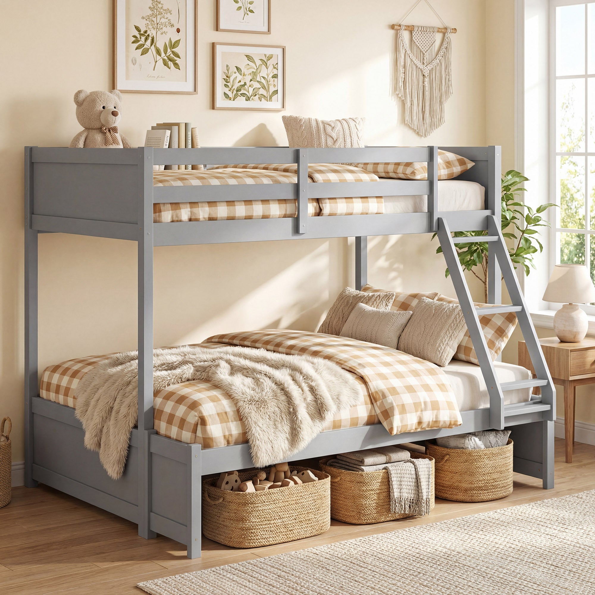 COSTWAY Twin Over Full Bunk Bed with 3-Step Ladder, Solid Wood Bunk Bed with Full-Length Guardrails and 21 Support Slats, Bed Frame with Pine Wood Posts for Teens, Kids, Adults, Dormitory and Apartment