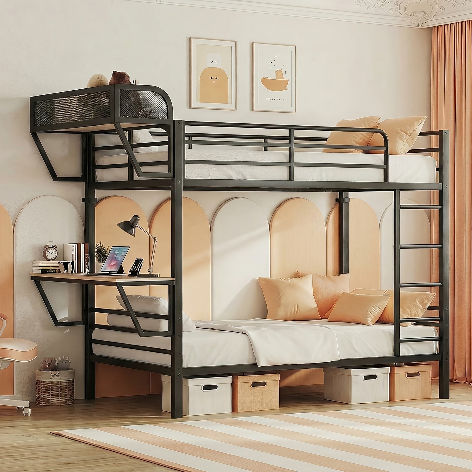 Twin Over Twin Metal Bunk Bed with Power Outlets And Desk, Heavy-Duty Bunk Bed Frame with Safety Guardrail And Ladders, Upper Storage Rack, No Box Spring Needed, Without Mattress for Junior Bedroom, Dorm