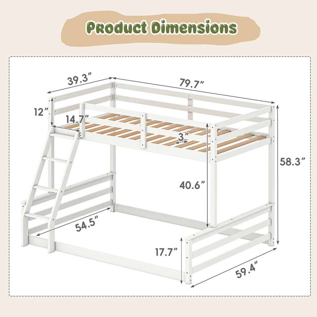 Low Bunk Bed Twin Over Full, Floor Bunk Bed with Ladder, Wooden Bunk Bed with Full Guardrails, Low Bunk Bed Bedroom