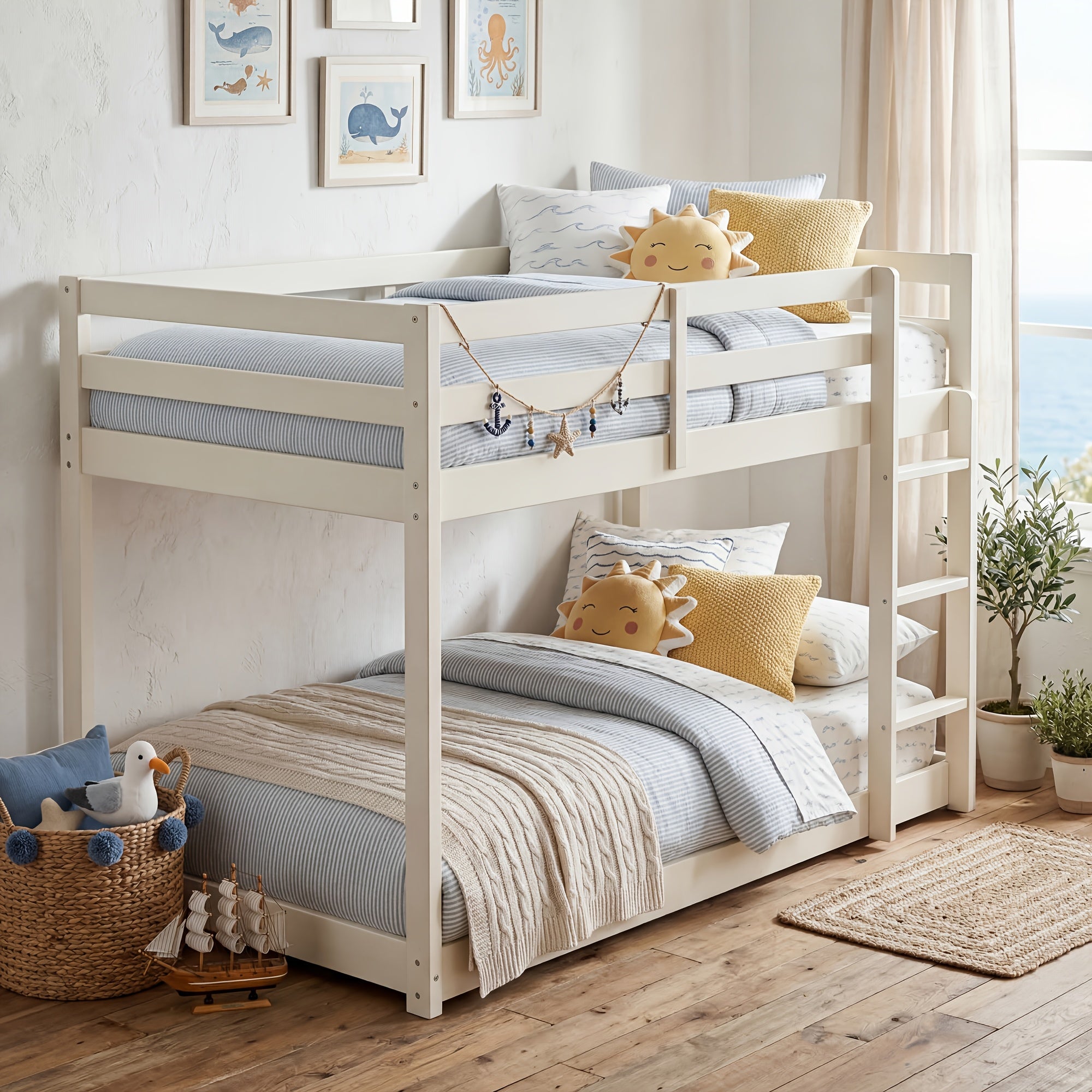 Twin Low Bunk Bed, Solid Rubber Wood Twin Over Twin Bunk Bed Frame with Full Guardrails And Integrated Ladder, Upper And Bottom Bed, No Box Spring Needed
