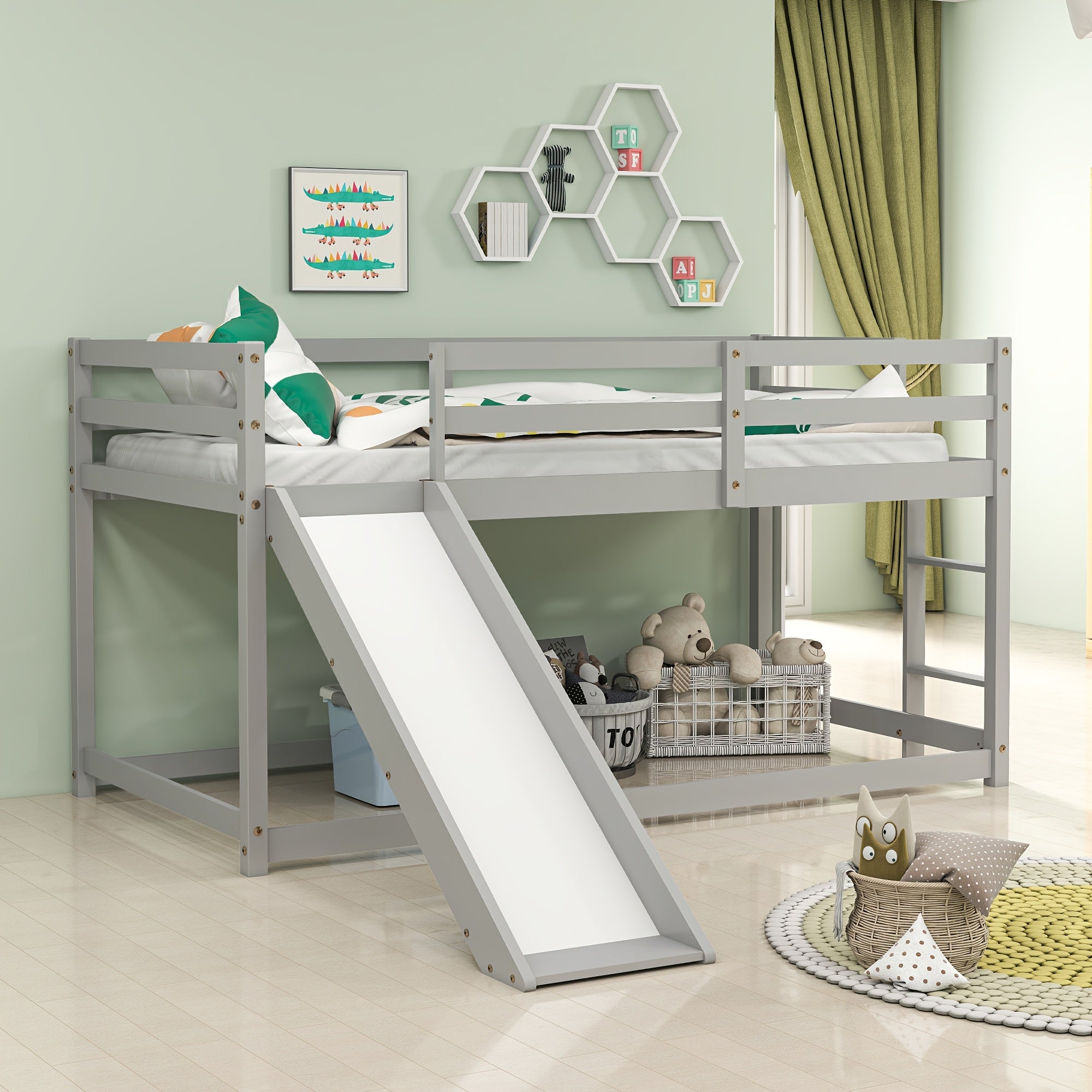 Low Bunk Bed with Slide, Floor Loft Bed with Climbing Ladder, Wood Twin Bunk Bed Frame with Full Guardrails & Storage Space for Youngsters Youngsters