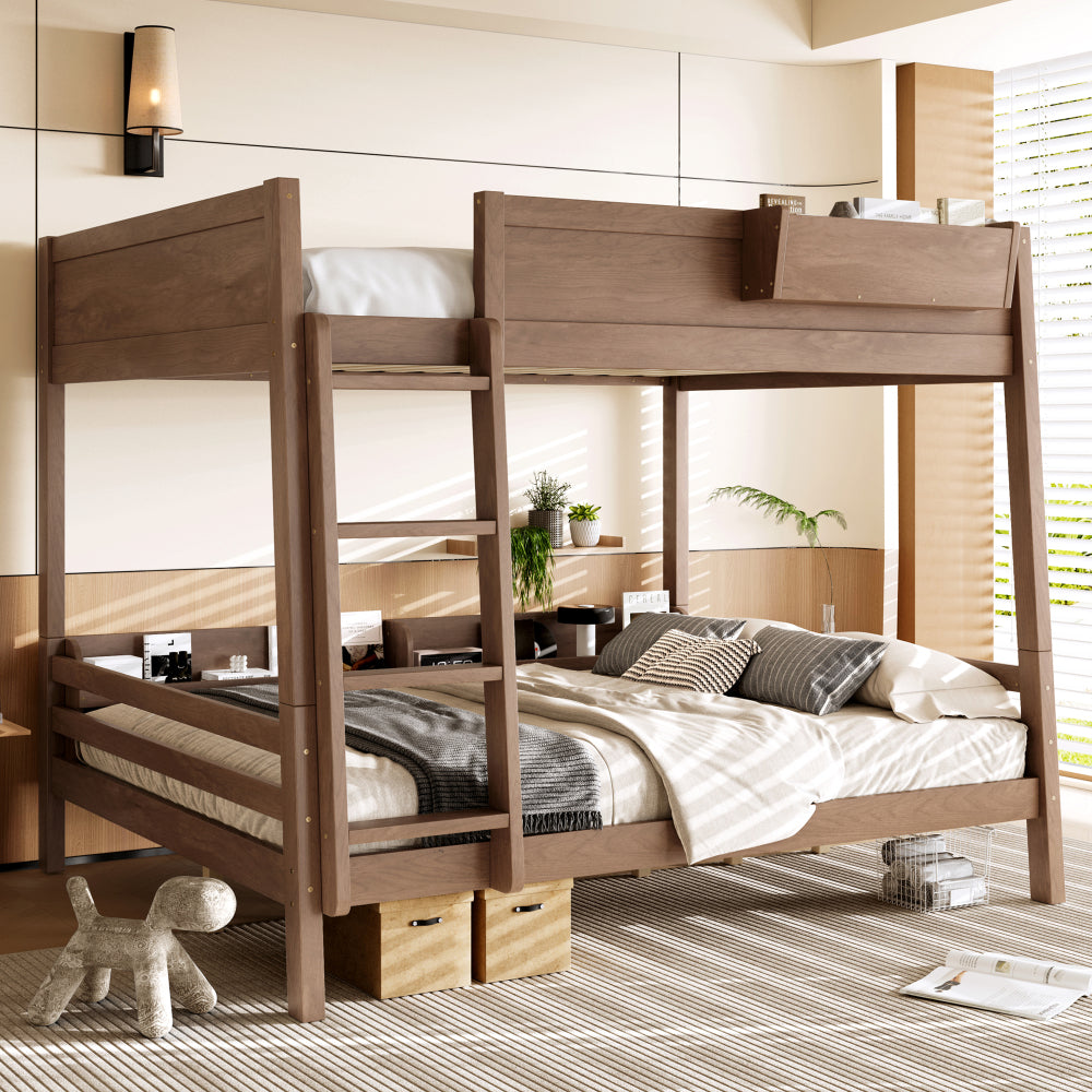Wooden Bunk Bed Featuring a Storage Shelf And Bookshelf, Equipped with a Ladder And Safety Rails, Designed to Be Detachable, in White Color