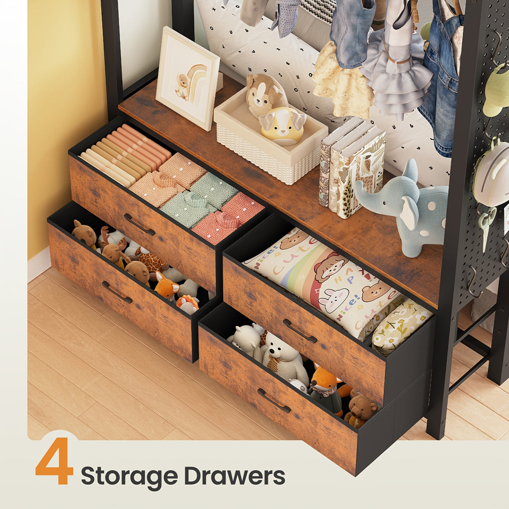 Twin Size Metal Bunk Bed Twin Over Twin With Hall Tree, Power Outlet, LED Bunk Bed With 4 Storage Drawers, Bed With Safety Guardrail & Ladders, No Box Spring Needed, Easy Assembly, Rustic Brown