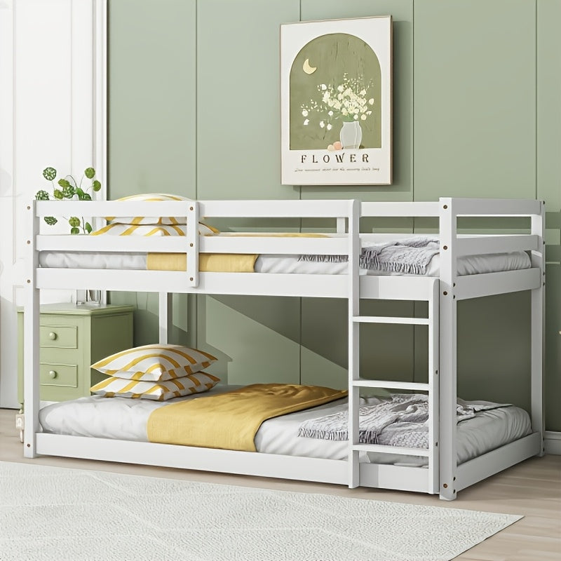 BELLEMAVE Twin Over Twin Low-Profile Bunk Bed Frame With Side Ladder & Full Safety Guardrails, Noise-Reduced Heavy-Duty Bunk Bed, No Box Spring Required, Modern Bedroom Furniture For Small Apartments, White
