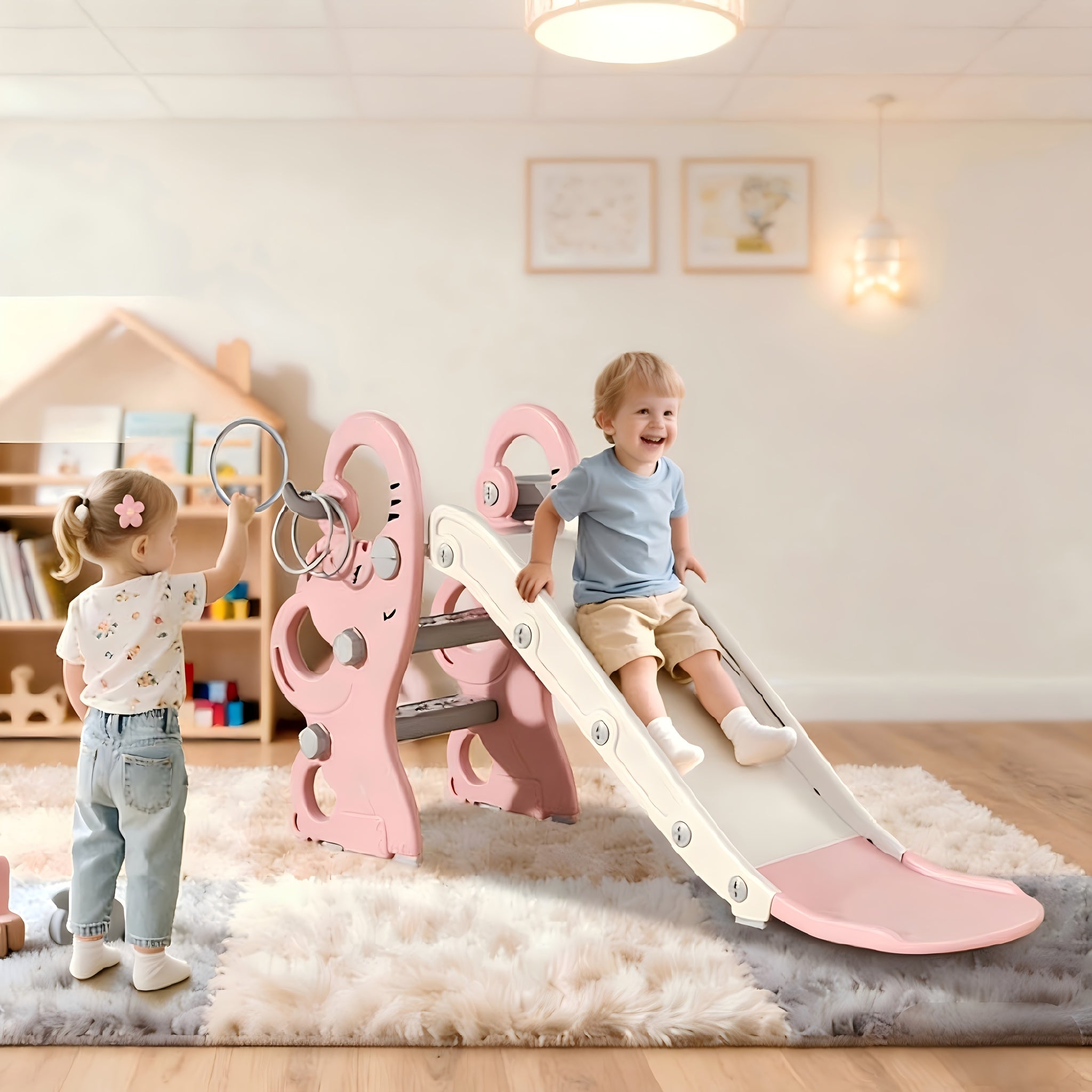 Kids Indoor Outdoor Playset With Basketball Hoop & Ring Toss | Foldable Baby Plastic Slide, Outdoor Playground Climber Slide, Safer And More Joyful, A Great Gift For Kids, Mixed Color, Pe Material, Brand: Slendor