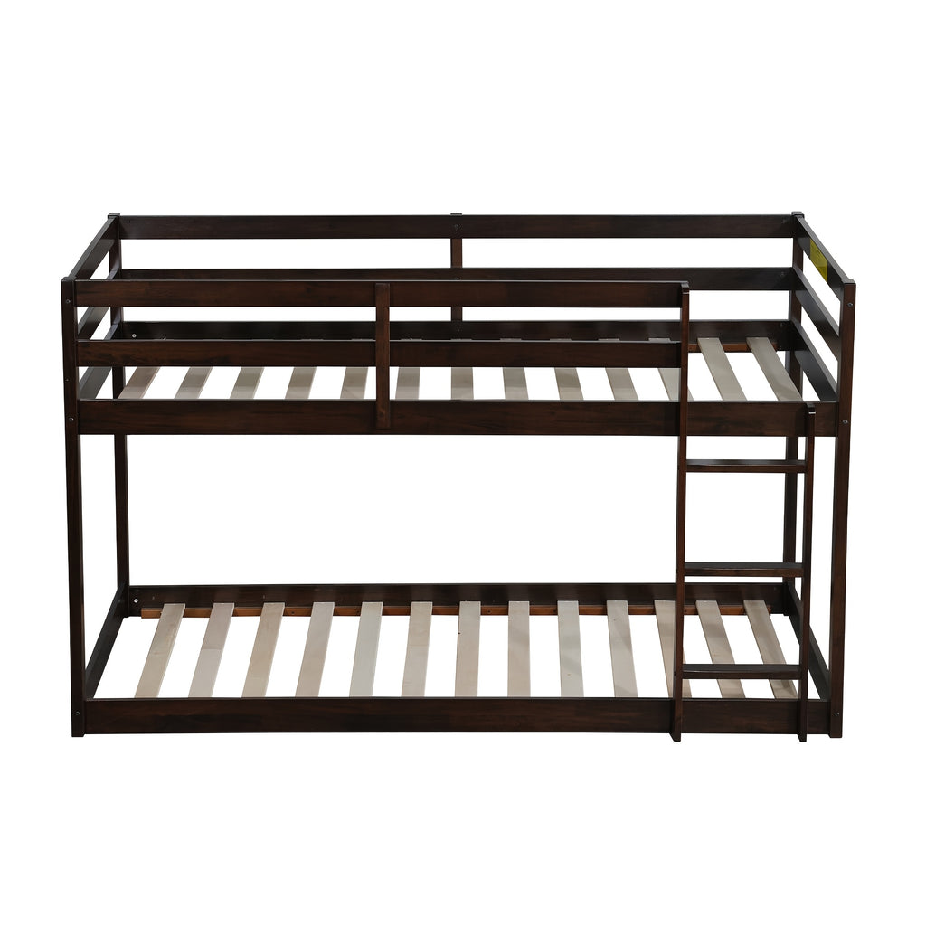 Twin Low Bunk Bed, Solid Rubber Wood Twin Over Twin Bunk Bed Frame with Full Guardrails And Integrated Ladder, Upper And Bottom Bed, No Box Spring Needed