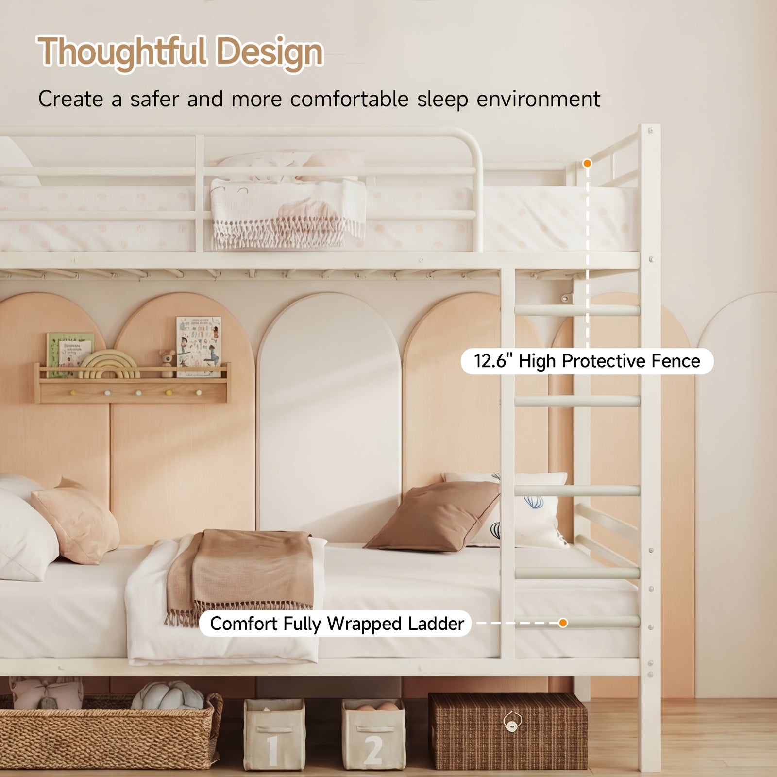 Twin Over Twin Metal Bunk Bed with Charging Station & Desk, Heavy Duty 2-Tier Bed Frame with Safety Guardrail, Stairs & Upper Storage Shelf, Without Mattress, Easy Assembly for Juniors Bedroom, Dorm